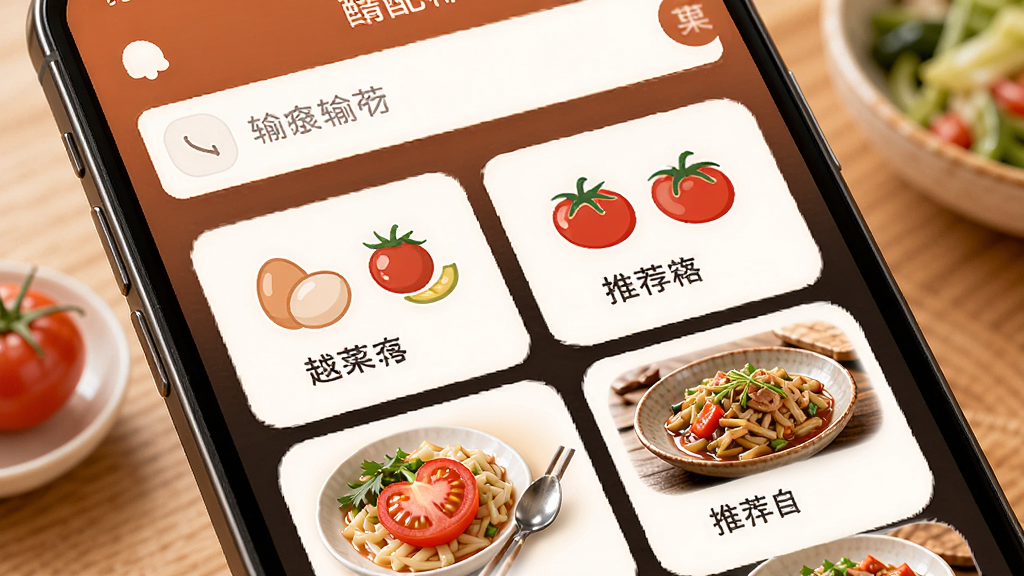东方美食食材搭配推荐功能,主体为手机屏幕显示输入框和推荐菜品列表,布局为上方输入区域下方卡片式结果,排版清晰,风格温馨,细节包括鸡蛋、西红柿等食材图标和对应菜名,画质高清,干净,无多余元素