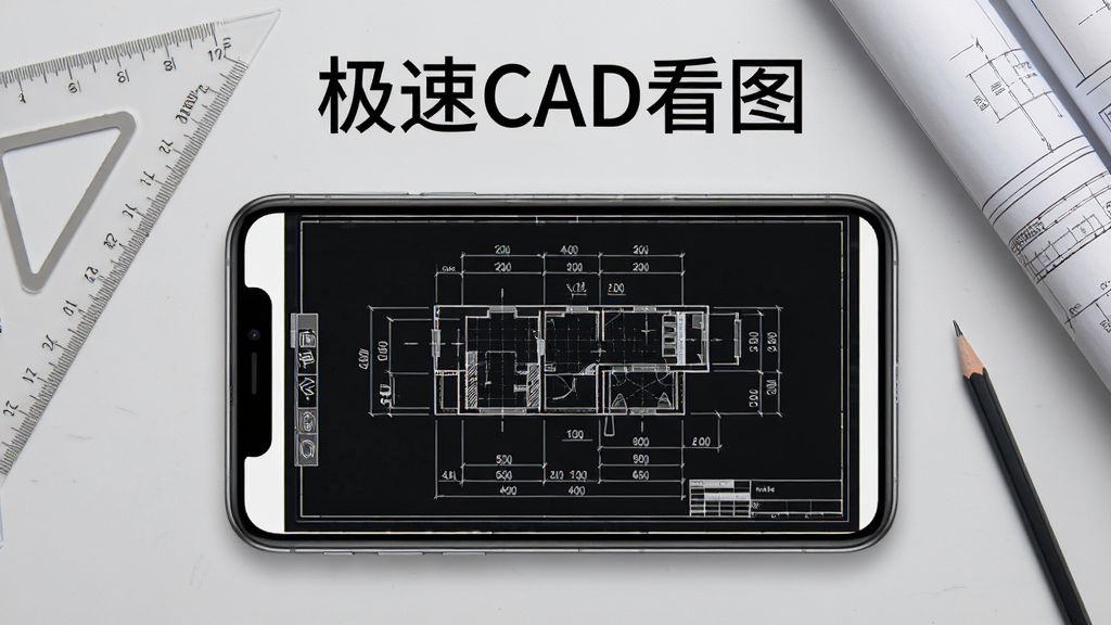 一张手机屏幕居中展示CAD工程图纸的横屏界面,图纸上有清晰的线条、标注和尺寸数字,手机周围放置三角尺、铅笔和图纸卷筒,背景为浅灰色桌面,整体风格简洁专业,画质清晰,干净无多余元素,图片上方居中写有