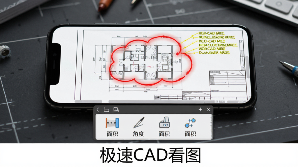 手机屏幕展示CAD图纸上叠加了红色云线圈注和黄色文字标注,屏幕下方显示测量工具面板,包含长度、角度、面积等图标按钮,背景为深灰色工程桌面,风格专业严谨,画质清晰,干净无多余元素,图片底部写有