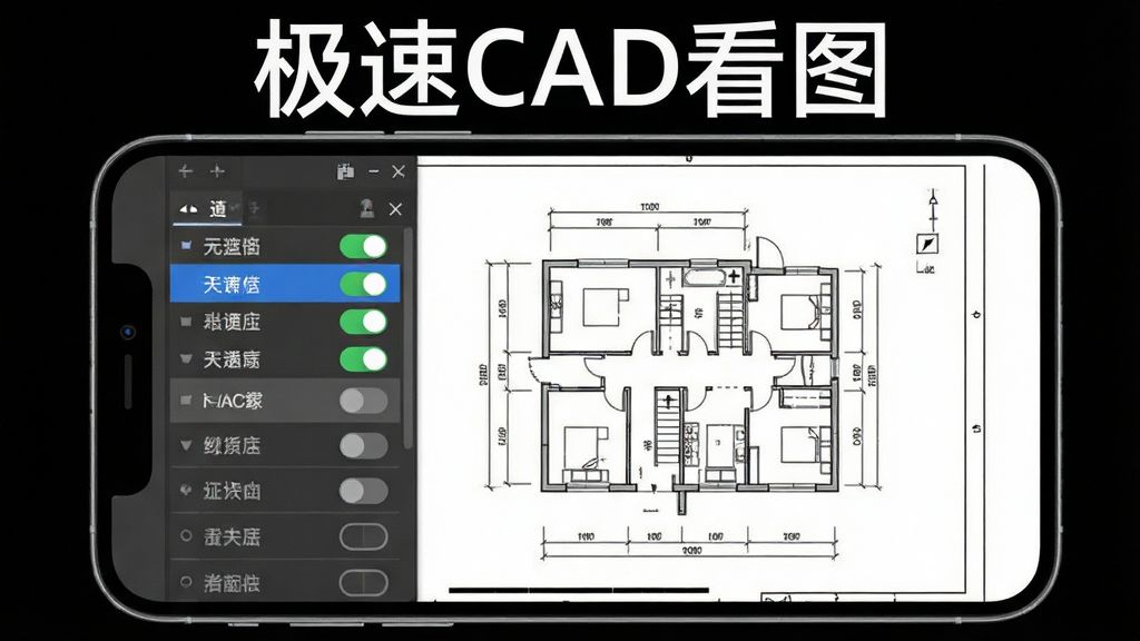 手机屏幕显示CAD图层面板,列表中有多个图层名称及开关按钮,部分图层已关闭显示为灰色,图纸区域清晰展示建筑结构线条,背景为白色简洁界面,风格清爽干净,画质清晰,无多余元素,图片上方写有