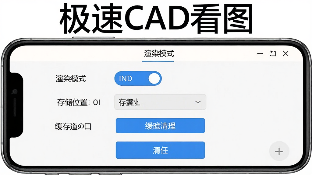 手机屏幕显示极速CAD看图设置界面,包含渲染模式切换、存储位置选择、缓存清理等选项,界面为白色背景搭配蓝色按钮,风格简洁实用,画质清晰,干净无多余元素,图片上方写有