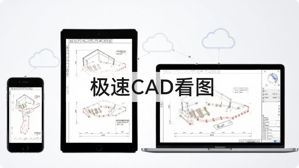 手机、平板和笔记本电脑三台设备并排展示,屏幕中显示相同的CAD图纸,设备之间用淡淡的云朵图标连接,背景为浅灰白色渐变,风格商务简洁,画质清晰,干净无多余元素,图片中央写有