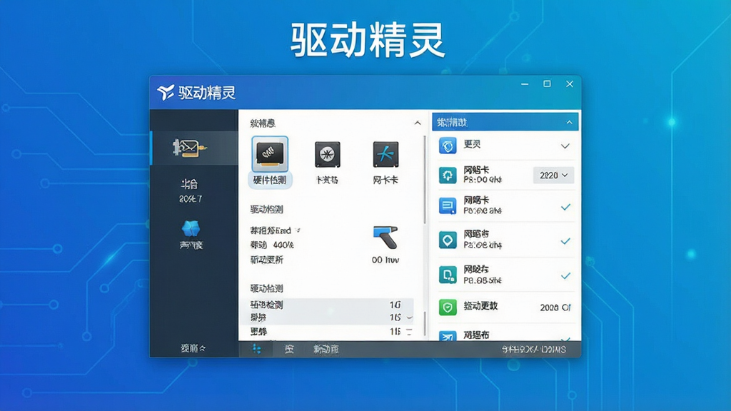 一张展示驱动精灵软件主界面的图片,画面中央是软件窗口,窗口内显示硬件检测结果与驱动更新列表,背景是简洁的科技蓝渐变风格,主体突出软件名称“驱动精灵”,布局清晰,排版整洁,风格现代简约,细节包括显卡、声卡、网卡等硬件图标,画质高清,干净无多余元素