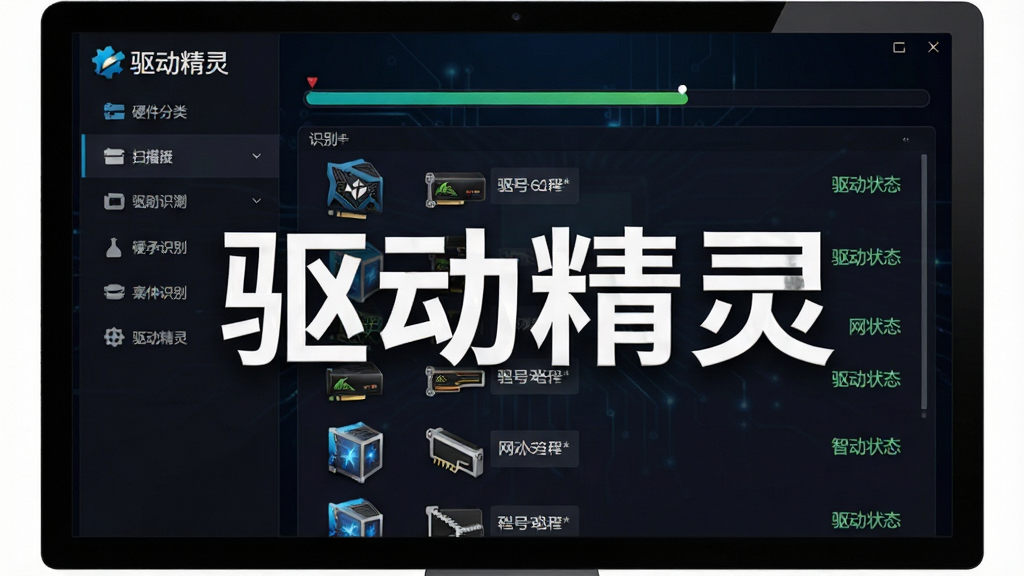 一张展示驱动精灵智能识别硬件过程的图片,画面主体是电脑屏幕,屏幕上显示硬件扫描进度条与识别出的硬件列表,包括显卡、声卡、网卡等图标,布局为左右分栏,左侧是硬件分类,右侧是具体型号与驱动状态,风格为科技感十足的深色主题,细节清晰,画质高清,干净无多余元素,图片中文字“驱动精灵”醒目