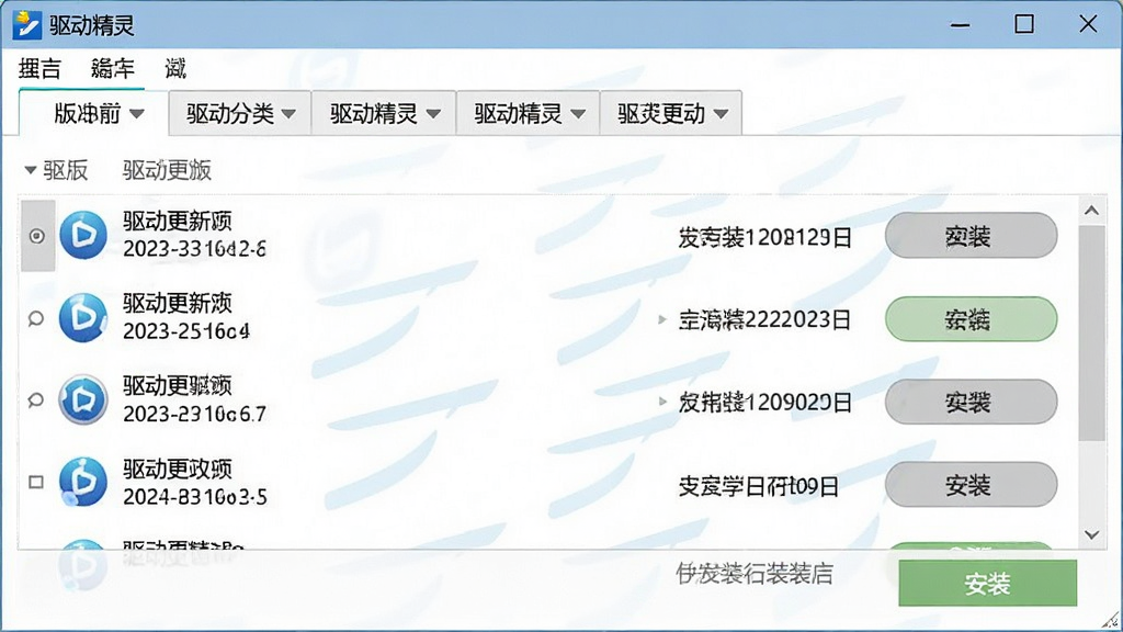 一张展示驱动精灵在电脑端运行时的操作界面截图,画面主体是软件窗口中的驱动更新列表与安装按钮,布局为上下结构,上方是驱动分类标签,下方是具体驱动条目与操作按钮,风格为简洁的办公软件风格,细节包括版本号与发布日期,画质高清,干净无多余元素,图片中文字“驱动精灵”位于标题栏