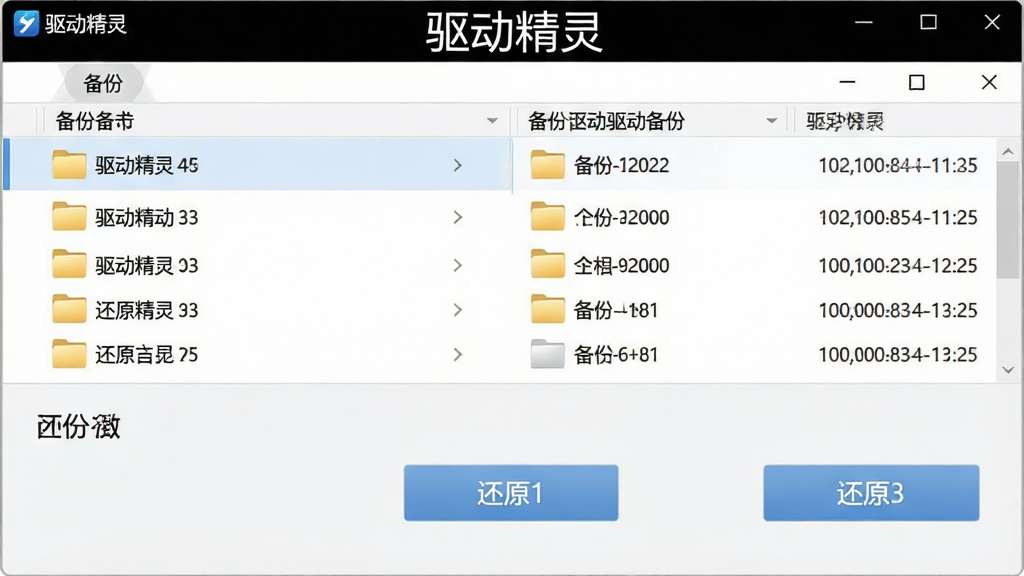 一张展示驱动精灵驱动备份与还原功能的图片,画面主体是软件界面中的备份列表与还原按钮,布局为上下结构,上方是备份文件列表,下方是还原操作区域,风格为清爽的浅色系,细节包括文件夹图标与时间戳,画质高清,干净无多余元素,图片中文字“驱动精灵”作为标题显示