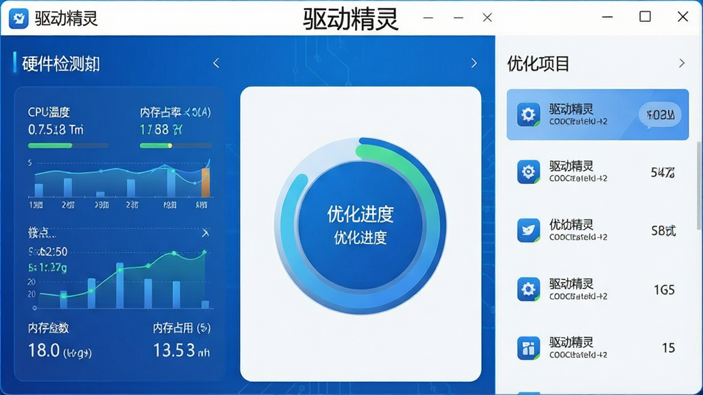 一张展示驱动精灵硬件检测与系统优化功能的图片,画面主体是软件界面中的硬件参数图表与优化进度环,布局为左右分栏,左侧是硬件检测结果,右侧是优化项目列表,风格为科技蓝与白色搭配,细节包括CPU温度、内存占用率等数据,画质高清,干净无多余元素,图片中文字“驱动精灵”位于顶部