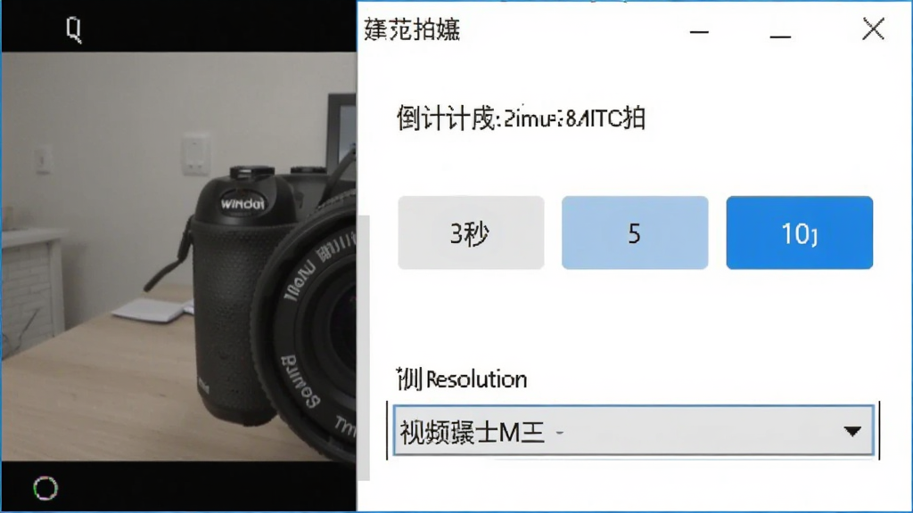 一张Windows照相机定时拍摄设置界面图,画面展示软件设置面板,面板内显示倒计时选项3秒、5秒、10秒的按钮,下方有视频分辨率下拉菜单,背景是摄像头取景画面,整体风格简洁实用,采用白色面板与蓝色高亮选项,画质清晰,无多余元素