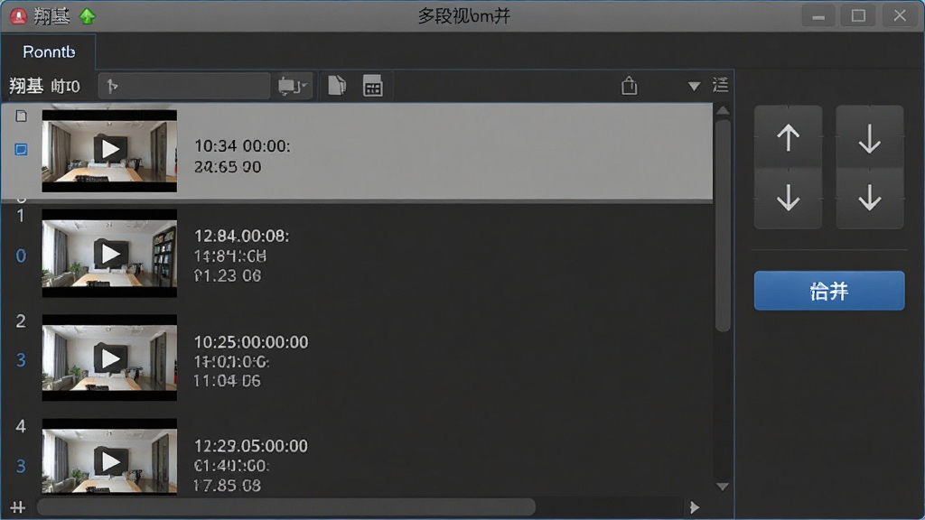 一张展示翔基视频剪切合并多段视频合并功能的示意图,画面中软件界面显示文件列表,列表中有多个视频文件按顺序排列,右侧有上移下移按钮和合并按钮,界面风格为写实软件操作截图,细节包括文件缩略图、时长显示、格式标识,画质清晰,干净,无多余元素