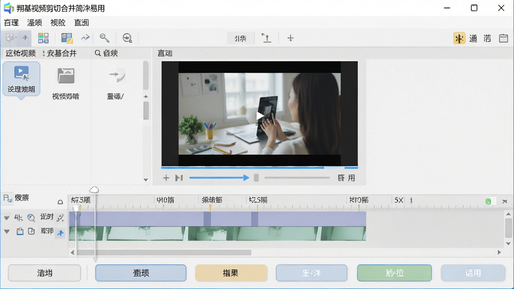一张展示翔基视频剪切合并简洁易用界面的示意图,画面中软件主界面功能分区明确,上方为菜单栏,中部为视频预览与时间轴,下方为操作按钮,整体配色柔和,风格为写实软件截图,细节包括图标、文字标签、按钮状态,画质清晰,干净,无多余元素