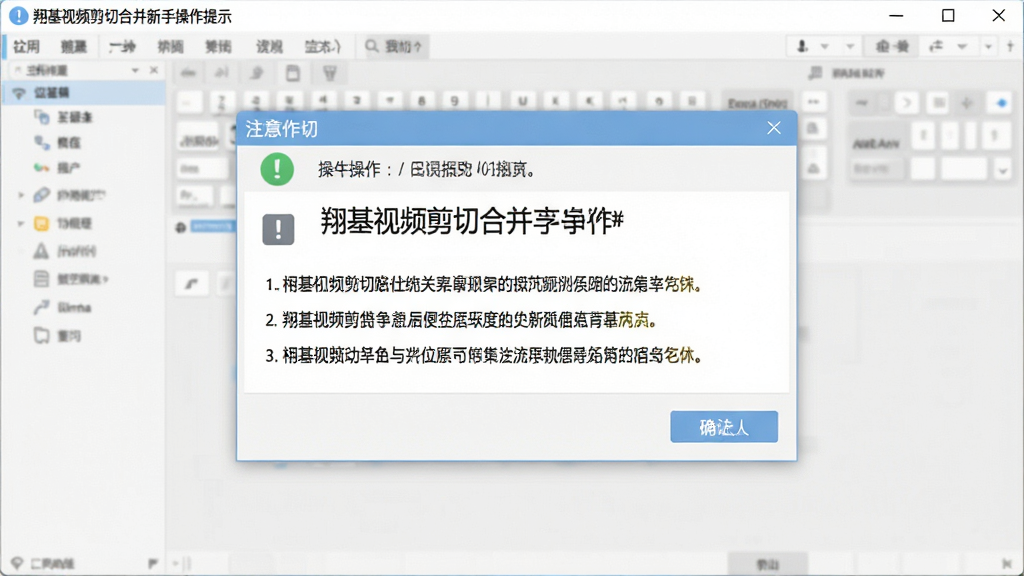 一张展示翔基视频剪切合并新手操作提示的示意图,画面中软件界面弹出提示对话框,对话框内列出几条操作注意事项,背景为浅色界面,风格为写实软件截图,细节包括提示图标、文字内容、确认按钮,画质清晰,干净,无多余元素