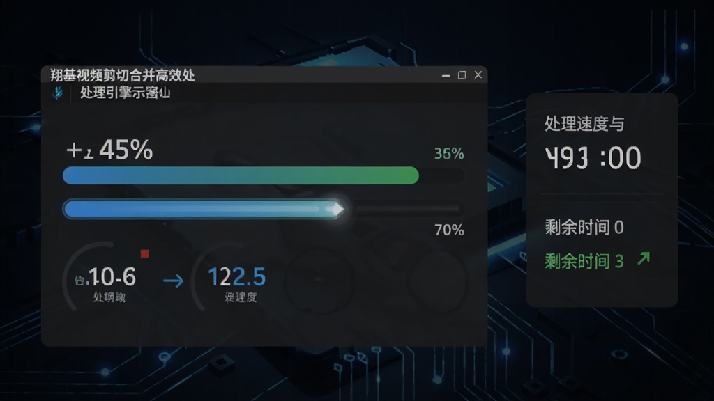 一张展示翔基视频剪切合并高效处理引擎的示意图,画面中软件界面显示进度条正在快速推进,旁边有处理速度与剩余时间提示,背景为深色科技感风格,细节包括进度百分比、速度数值、状态文字,画质清晰,干净,无多余元素