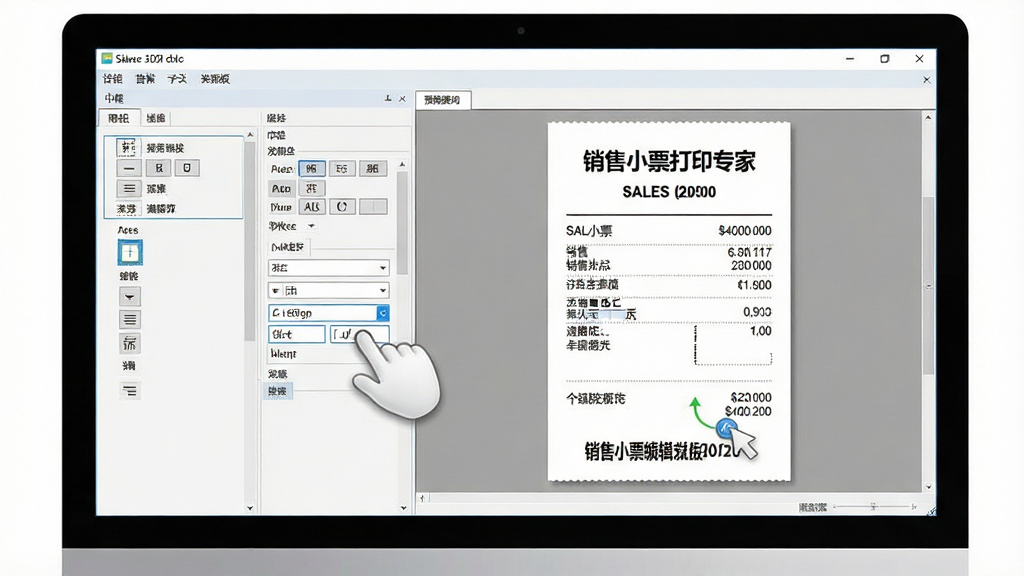 一张展示销售小票打印专家模板编辑功能的图片。主体是电脑屏幕上显示着销售小票打印专家软件的自定义模板编辑界面,左侧是字段选择区,右侧是小票预览区,预览区中显示着“销售小票打印专家”生成的销售小票样例。布局为左右分栏式。排版整洁,界面元素排列有序。风格为清爽的办公软件风格。细节上应体现拖拽字段、调整字体大小等操作感。画质清晰,干净,无多余元素。