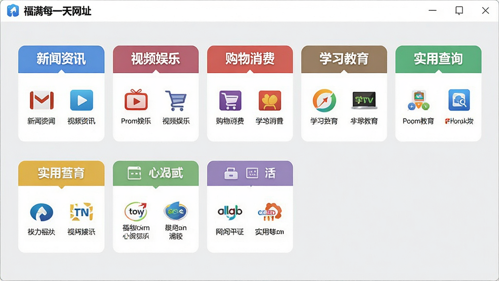 一张软件界面截图,展示福满每一天网址导航桌面版的分类导航区域,画面中可以看到新闻资讯、视频娱乐、购物消费、学习教育、实用查询等多个彩色分类标签整齐排列,每个分类下方有对应的网站图标,界面风格清爽,背景为浅灰色,整体布局对称美观,画质清晰干净