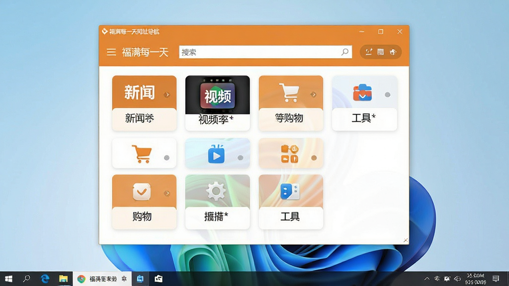 一张Windows电脑桌面截图,画面中央是福满每一天网址导航桌面版的软件主界面,界面采用卡片式布局,顶部有搜索框,下方整齐排列着新闻、视频、购物、工具等多个分类图标区域,整体色调以暖橙色和白色为主,界面干净整洁,桌面背景为淡蓝色渐变,屏幕下方有Windows任务栏,整体风格现代简约,画质清晰,无多余元素