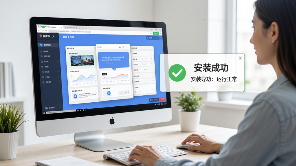 一张电脑操作场景图,画面中一位用户坐在电脑前,屏幕上显示福满每一天网址导航桌面版的界面,旁边有提示框显示安装成功和运行正常的绿色对勾标记,桌面整洁,光线明亮,整体传达轻松上网的氛围,风格写实,画质清晰
