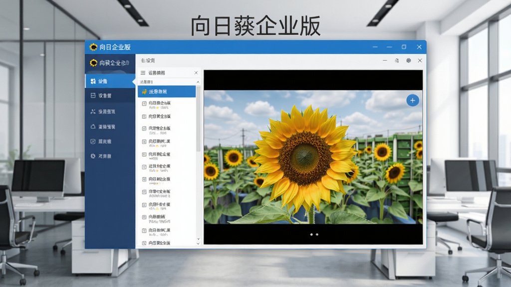一张展示向日葵企业版软件主界面的图片,画面中央是软件窗口,左侧为设备列表与功能导航栏,右侧为远程控制画面预览区,背景为现代办公环境,整体风格简洁商务,配色以蓝色和白色为主,画质清晰,干净无多余元素,图片中带有文字
