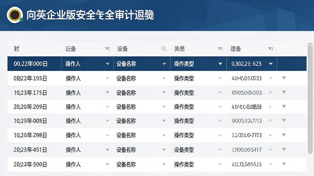 一张展示向日葵企业版安全审计日志界面的图片,画面中是一列按时间排序的操作记录列表,包含时间、操作人、设备名称、操作类型等信息,界面风格严肃专业,配色以深蓝和白色为主,画质高清,干净无多余元素