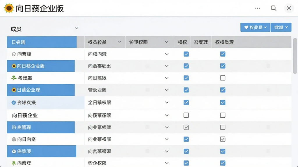 一张展示向日葵企业版权限管理界面的图片,画面中是一个表格形式的权限设置面板,左侧为成员名单,右侧为各类权限勾选项,界面风格简洁专业,配色以蓝白灰为主,画质清晰,干净无多余元素,图片中带有文字