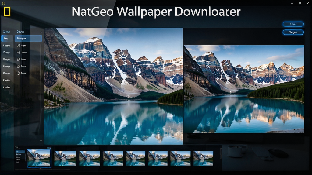 软件名称为NatGeo Wallpaper Downloader,主体为电脑屏幕上展示着一幅壮观的雪山湖泊国家地理风格摄影壁纸,屏幕下方是简洁的软件缩略图浏览界面,布局为软件主界面占据画面中心,左侧为分类标签,右侧为高清大图预览,排版上软件名称