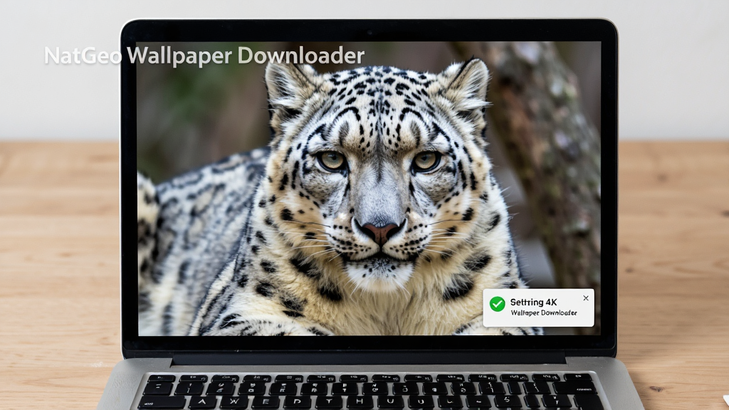 AI生图,软件名称NatGeo Wallpaper Downloader,画面主体是一台笔记本电脑的桌面,桌面上正显示着一只雪豹的高清壁纸,屏幕右下角弹出一个小巧的设置成功提示框,布局为电脑居中,背景是简洁的木质桌面,排版上屏幕左上角显示