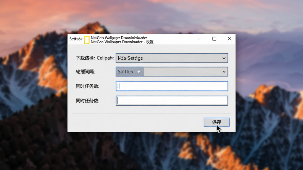 AI生图,软件名称NatGeo Wallpaper Downloader,画面主体是一个电脑桌面,桌面上打开着软件的设置窗口,窗口内显示着下载路径选择、轮播间隔、同时任务数等选项,布局为设置窗口居中,背景是模糊的国家地理风格山脉壁纸,排版上窗口标题栏显示