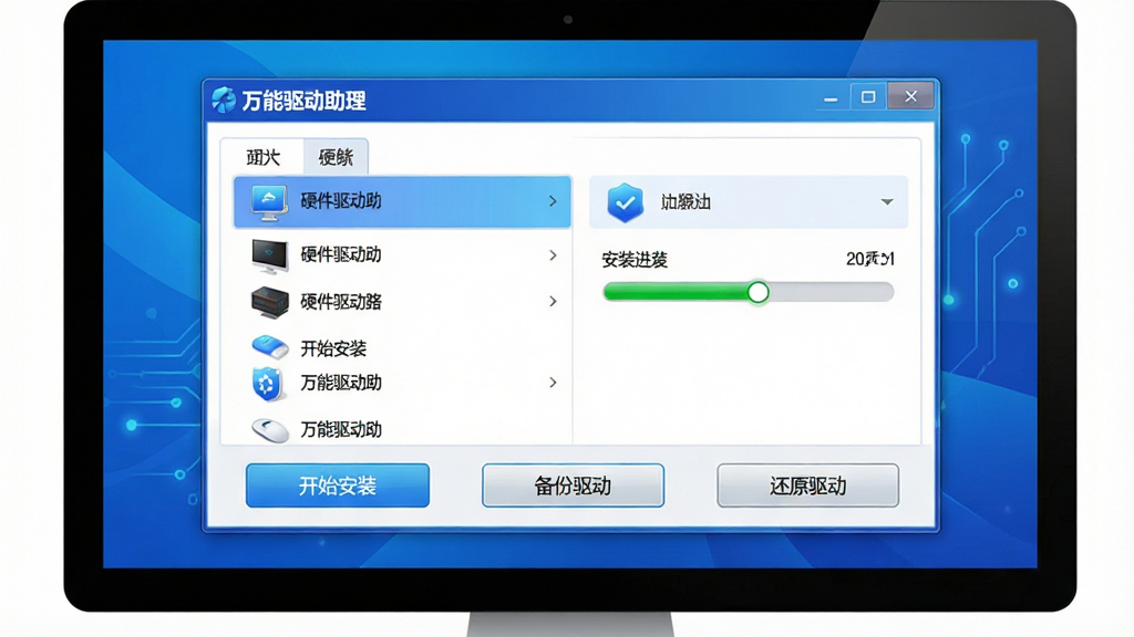 万能驱动助理软件主界面展示,主体为电脑屏幕中央显示万能驱动助理软件窗口,布局为上方标题栏写着