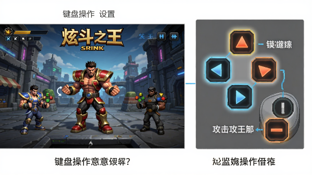 画面主体为炫斗之王游戏设置界面与键盘操作示意,布局为左侧游戏画面、右侧按键布局图,排版上标注方向键与攻击键位置,风格为教程说明风格,细节包含高亮按键图标与文字标注,画质清晰,画面干净,无多余元素。