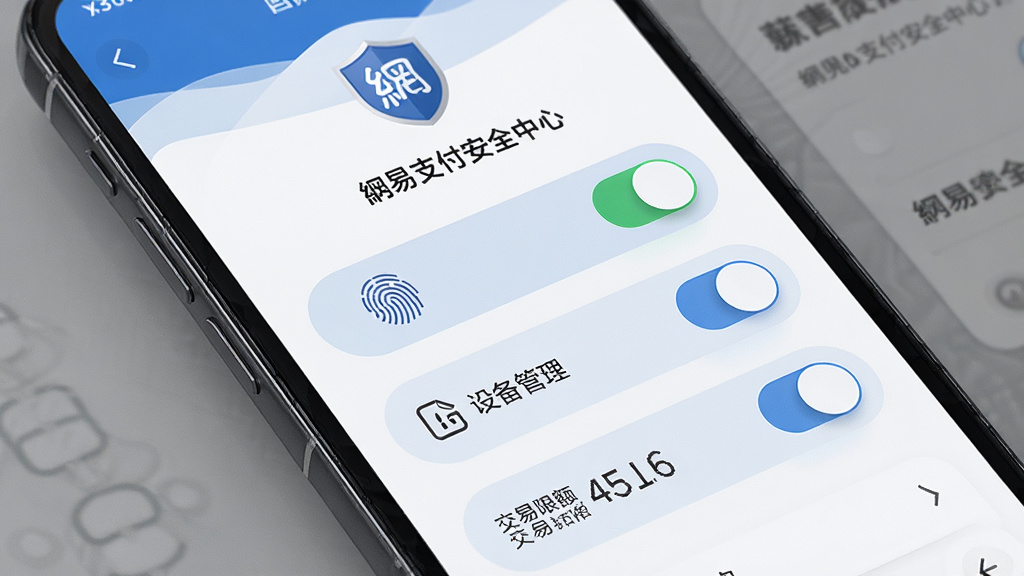 网易支付安全中心界面,主体为手机屏幕展示安全设置选项列表,布局为顶部盾牌图标加下方多个开关按钮,排版整齐有序,风格为稳重安全风,细节包含指纹识别图标、设备管理入口、交易限额数字,画质高清干净无多余元素