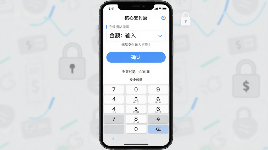 网易支付核心功能展示图,主体为手机屏幕内呈现充值提现界面,布局为上方金额输入区下方确认按钮,排版纵向排列,风格为扁平化金融科技风,细节包含数字键盘弹出、到账时间标注、安全锁图标点缀,画质清晰干净无多余元素