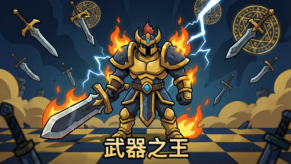 整体画面以暗金色与深蓝色为主色调,中央是一把巨大的拟人化长剑战士站立在棋盘格战场上,周围环绕着火焰与雷电特效,背景是漂浮的古代兵器与魔法阵,画面采用2D横版卡通渲染风格,主体突出,布局居中对称,排版干净利落,细节丰富,画质高清,画面中文字标注“武器之王”,干净无多余元素