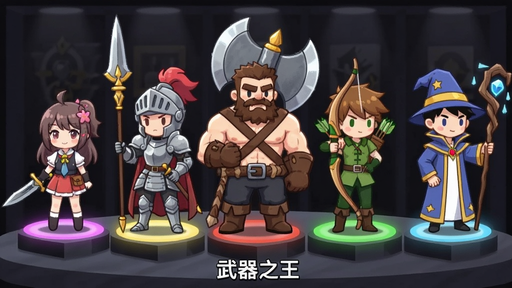 画面展示一排拟人化武器角色站立在展示台上,从左到右分别是短剑少女、长枪骑士、巨斧壮汉、弓箭手和法杖法师,每个角色脚下有不同颜色的品质光环,背景是深色渐变展柜,2D日系卡通风格,布局横向排列整齐,细节精致,画质清晰,画面中文字标注“武器之王”,干净无多余元素