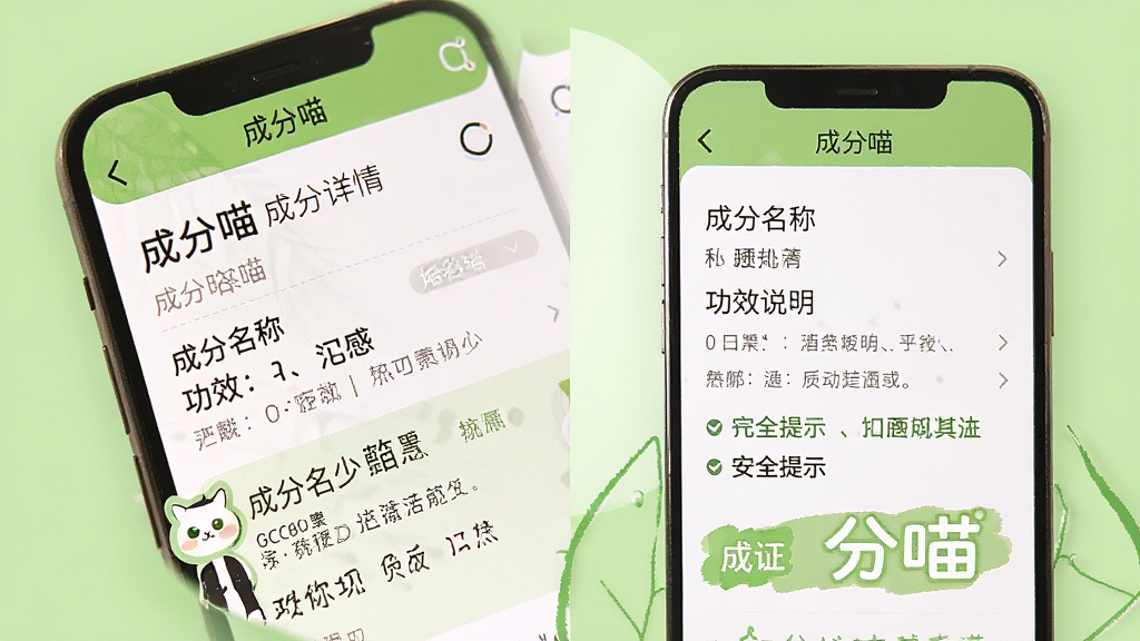 一张展示成分喵科普内容的预览图,画面中手机屏幕显示成分喵APP的成分详情页,有成分名称、功效说明、安全提示和“成分喵”标识,背景为浅绿色,风格清新自然,细节清晰,画质干净,无多余元素