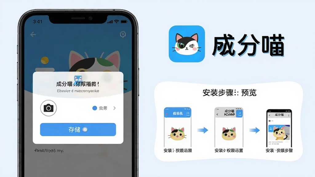 一张展示成分喵安装与权限设置的预览图,画面中手机屏幕显示成分喵APP的权限请求弹窗,有相机和存储选项,旁边有“成分喵”标识和安装步骤示意图,背景为浅蓝色,风格清晰直观,细节明确,画质干净,无多余元素