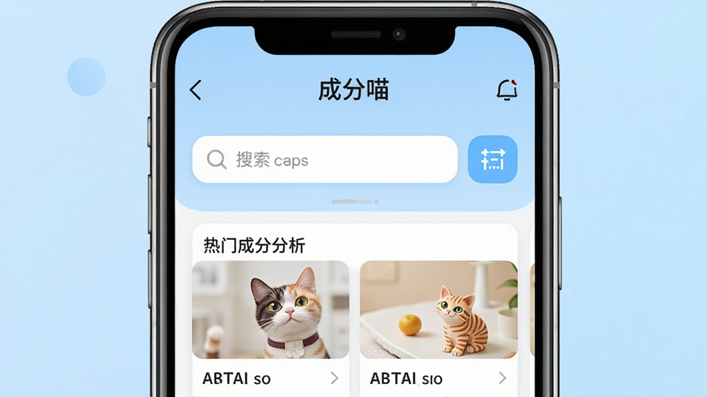 一张展示成分喵软件界面的预览图,画面中央是手机屏幕,屏幕内显示成分喵APP首页,顶部有“成分喵”文字标识,中间是搜索框和扫描按钮,下方排列着热门成分分析卡片,背景为浅蓝色渐变,风格清新简约,细节清晰,画质干净,无多余元素
