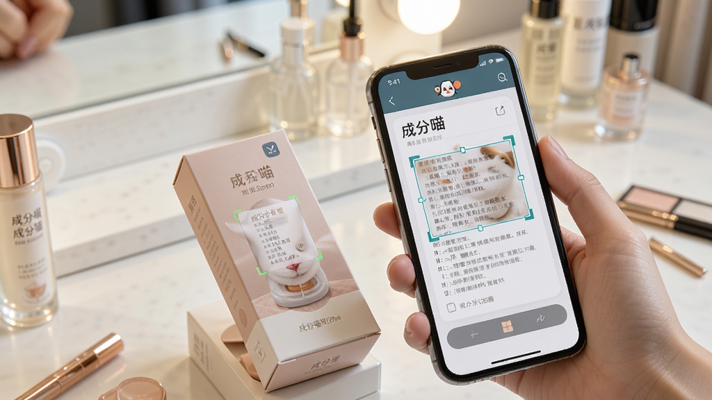 一张展示成分喵扫描识别功能的预览图,画面中一只手拿着手机对准护肤品包装盒,手机屏幕显示成分喵APP正在扫描成分表,屏幕上有识别框和“成分喵”标识,背景为梳妆台场景,风格真实自然,细节清晰,画质干净,无多余元素