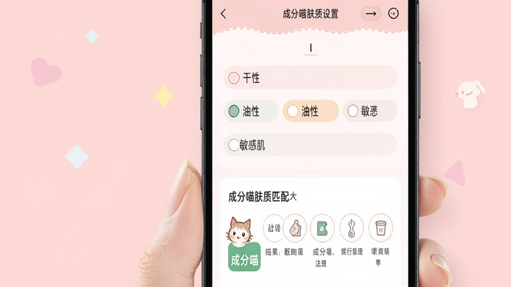 一张展示成分喵肤质匹配功能的预览图,画面中手机屏幕显示成分喵APP的肤质设置页面,有干性、油性、敏感肌等选项,下方显示匹配结果和“成分喵”标识,背景为淡粉色,风格柔和温馨,细节清晰,画质干净,无多余元素