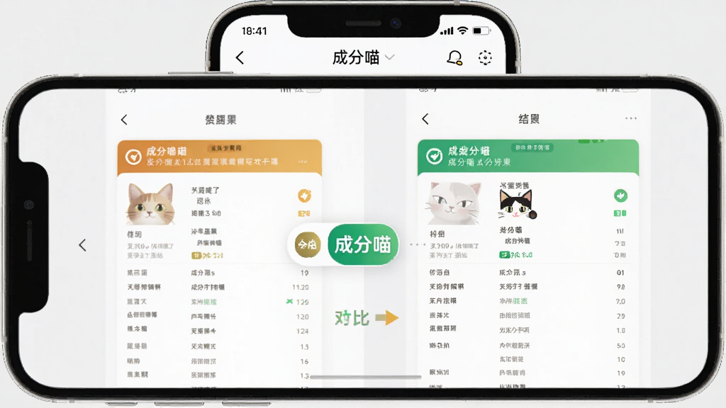 一张展示成分喵产品对比功能的预览图,画面中手机屏幕显示成分喵APP的对比页面,左右两列分别列出两款产品的成分分析结果,中间有对比箭头和“成分喵”标识,背景为浅灰色,风格简洁明了,细节清晰,画质干净,无多余元素