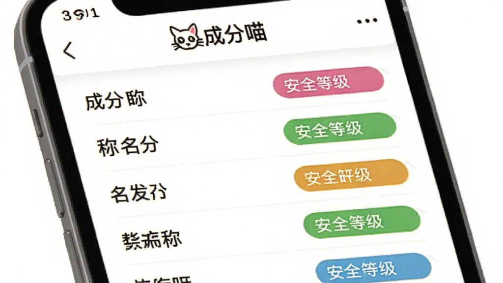 一张展示成分喵成分数据库界面的预览图,画面中手机屏幕显示成分喵APP的成分列表页面,左侧是成分名称,右侧是安全等级彩色标签,顶部有“成分喵”标识,背景为白色,风格简洁专业,细节清晰,画质干净,无多余元素