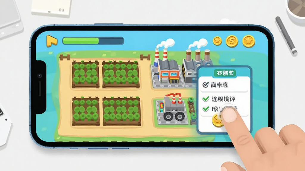 一部智能手机横屏显示卡通小镇游戏界面,屏幕中整洁的农田与工厂正在运转,旁边有手指点击订单的示意动作;布局以手机屏幕为视觉主体,背景为简洁桌面;排版突出操作引导感;风格为扁平化科技插画,细节包括进度条与金币图标,画质清晰干净,无多余元素,画面中不出现任何文字。
