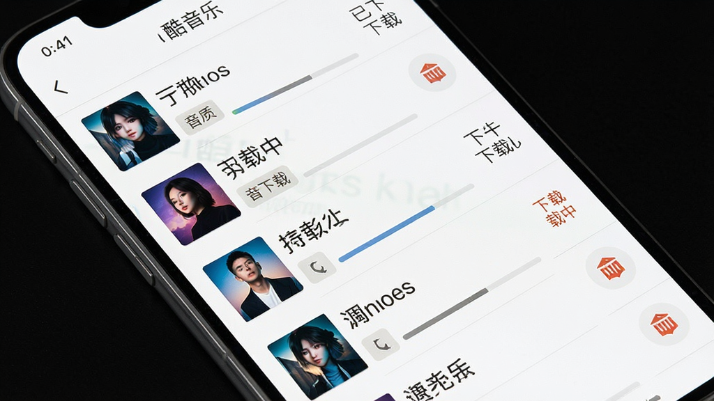 免酷音乐下载管理界面展示,手机屏幕显示下载列表,包含多首歌曲与进度条,界面标注“已下载”与“下载中”状态,背景为白色简约风格,细节包含音质标签、删除按钮,画质清晰,干净,无多余元素