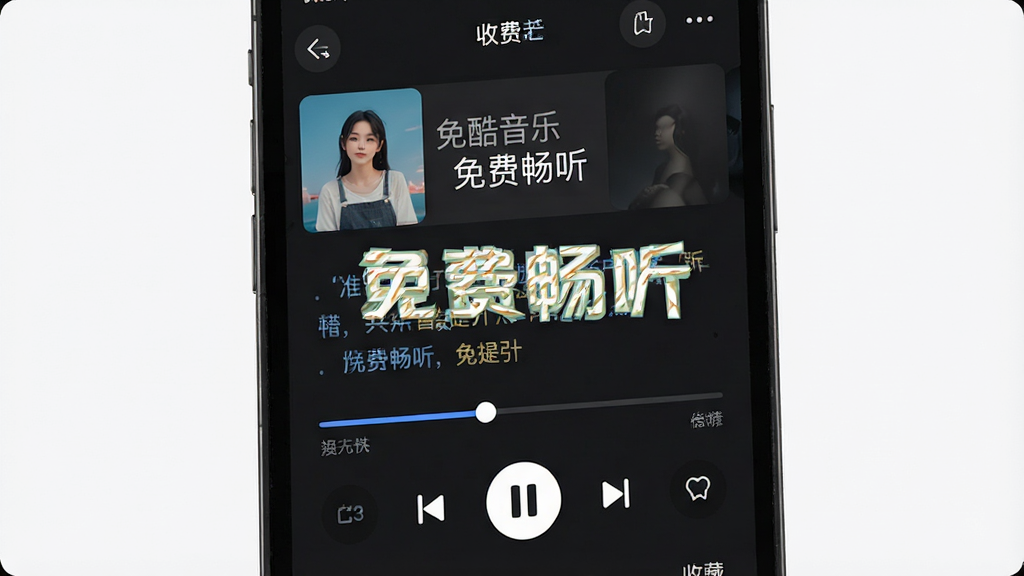 免酷音乐免费畅听功能展示,手机屏幕显示歌曲播放界面,进度条完整,界面标注“免费畅听”字样,背景为深色模式,风格现代,细节包含歌词滚动、收藏按钮,画质清晰,干净,无多余元素