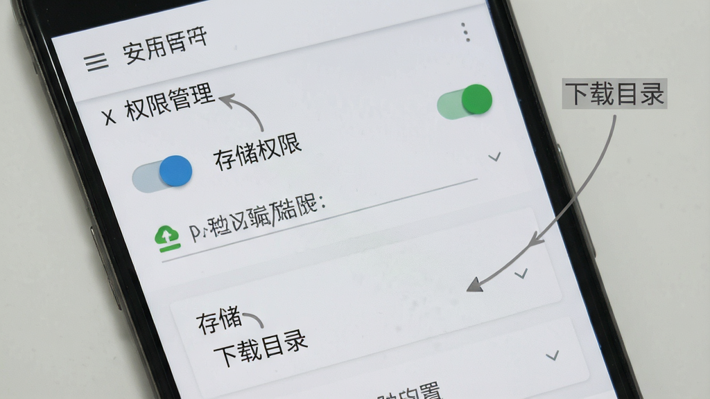 免酷音乐安卓版设置界面展示,手机屏幕显示权限管理与存储选项,界面标注“存储权限”与“下载目录”,背景为浅灰色,风格简洁,细节包含开关按钮、路径选择,画质清晰,干净,无多余元素