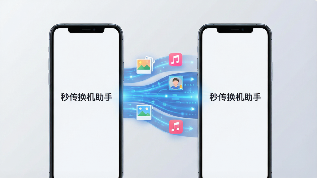 一张展示智能手机之间高速数据传输概念的插画,画面中央是两部并排的手机,屏幕上显示着“秒传换机助手”字样,手机之间有多条发光的蓝色数据流连接,数据流中隐约可见照片、联系人、音乐等图标元素,背景是柔和的浅灰色渐变,整体风格简洁科技感强,画面干净无多余元素,画质清晰,2K分辨率,无多余文字堆砌