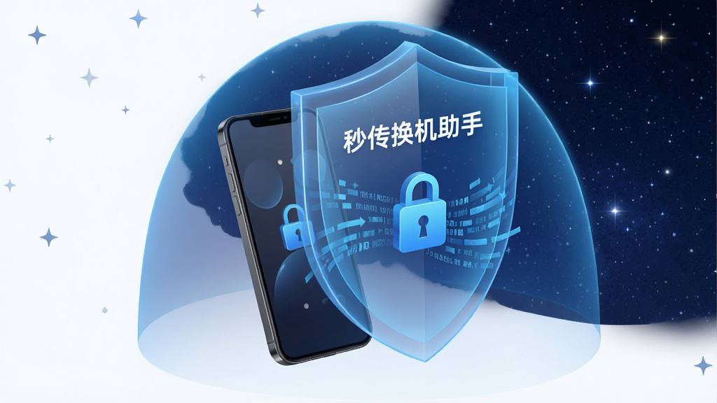 一张表现数据安全传输的视觉图,画面中两部手机被一个半透明的蓝色盾牌形状光罩包裹,盾牌上写着“秒传换机助手”,光罩内部有锁形图标和数据流穿梭,背景是深邃的星空蓝,整体风格安全、可靠、科技感十足,画面干净整洁,无多余元素,4K画质