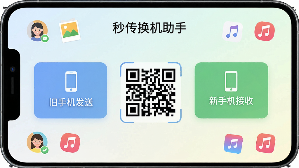 一张手机屏幕截图风格的示意图,展示“秒传换机助手”的操作界面,画面中有“旧手机发送”和“新手机接收”两个大按钮,中间有二维码图案,界面简洁清晰,周围点缀着联系人、照片、音乐等小图标,背景是淡雅的浅色渐变,风格扁平化,画质清晰,无多余杂乱元素,2K分辨率