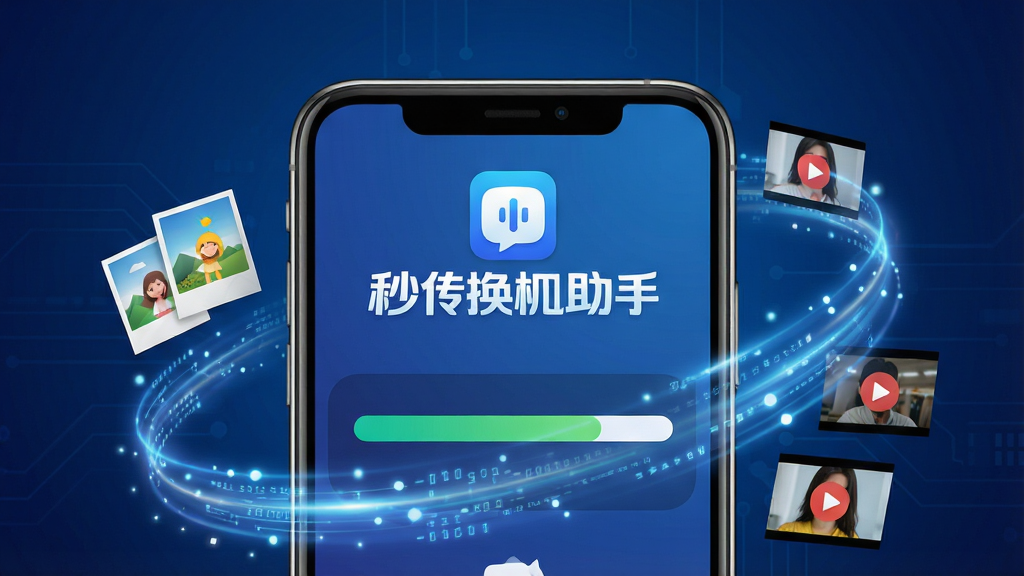 一幅展示“秒传换机助手”软件界面的概念图,画面中央是手机屏幕特写,屏幕显示传输进度条已接近完成,上方有醒目的“秒传换机助手”Logo,周围环绕着飞驰的数据光带和照片、视频缩略图,背景为深蓝色科技感渐变,风格简洁明快,画质细腻,无杂乱元素,2K高清