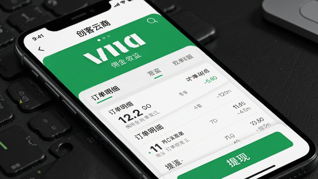 创客云商应用内佣金收益页面,手机屏幕显示收益总览数字、订单明细列表和提现按钮,界面以白色和绿色为主色调,图表和数字清晰醒目,布局规整,画质清晰,无多余元素