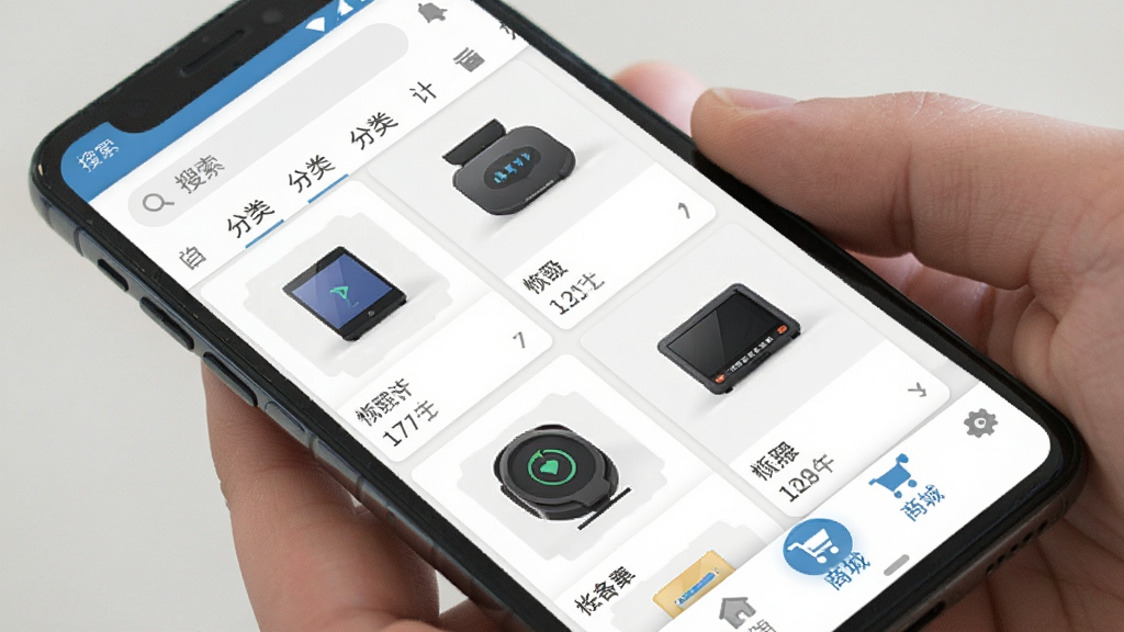 创客云商安卓手机应用运行界面截图,手机屏幕显示商品列表页面,顶部有搜索框和分类标签,中部是两列商品卡片布局,底部导航栏高亮显示