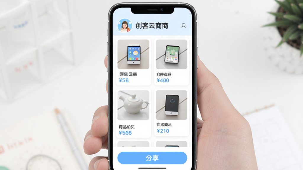 创客云商手机应用界面展示个人专属店铺页面,页面顶部是店铺头像和名称,中部是商品展示网格,每个商品卡片包含图片、名称和价格,底部有分享按钮,画面风格清新明亮,以白色和淡蓝色为主,布局整洁有序,画质清晰,无多余元素